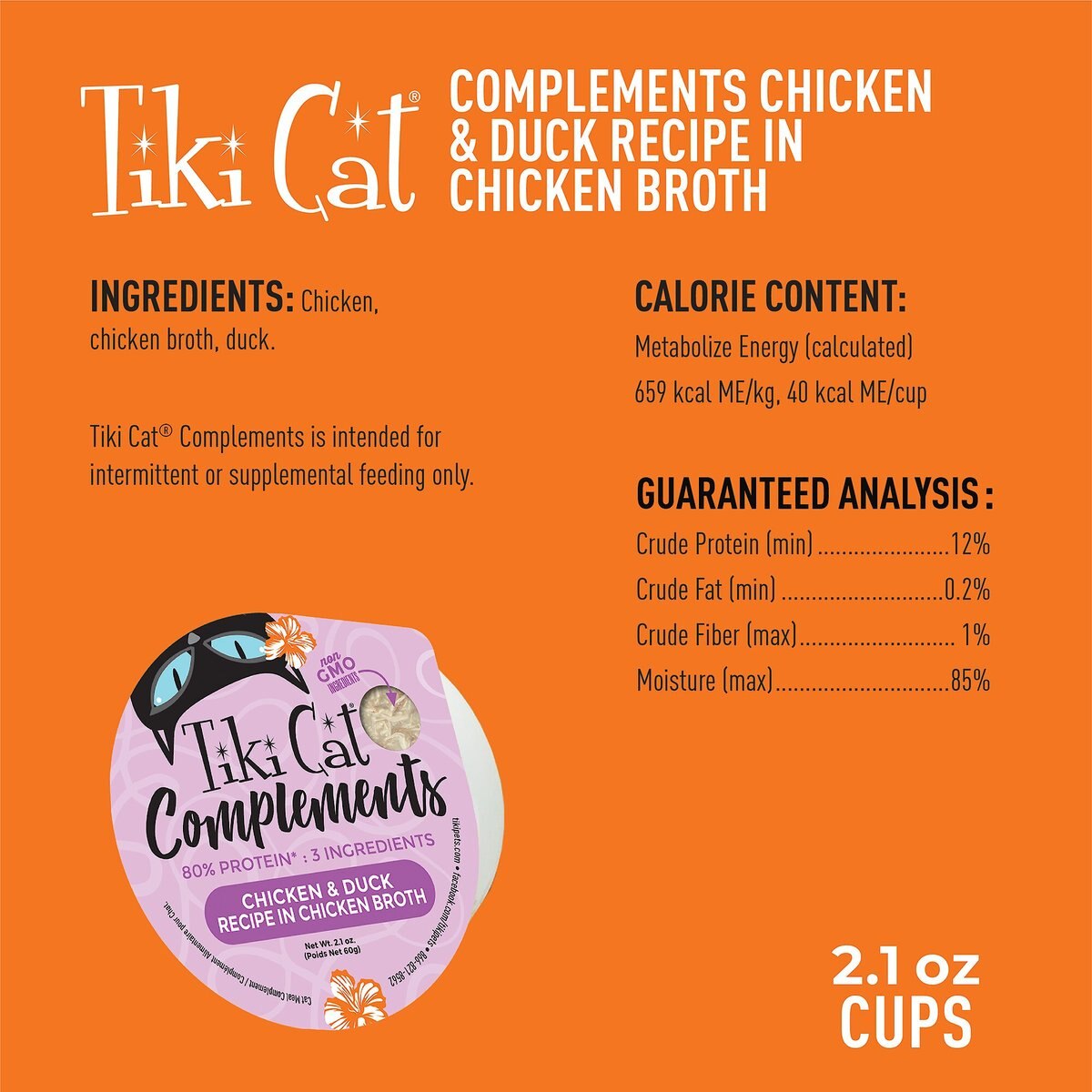 Tiki Cat Complements Chicken and Duck Recipe in Chicken Broth Wet Cat Food Topper， 2.1-oz， case of 8