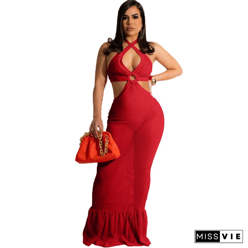 Mesh See Though Hollow Halter Backless Maxi Dresses