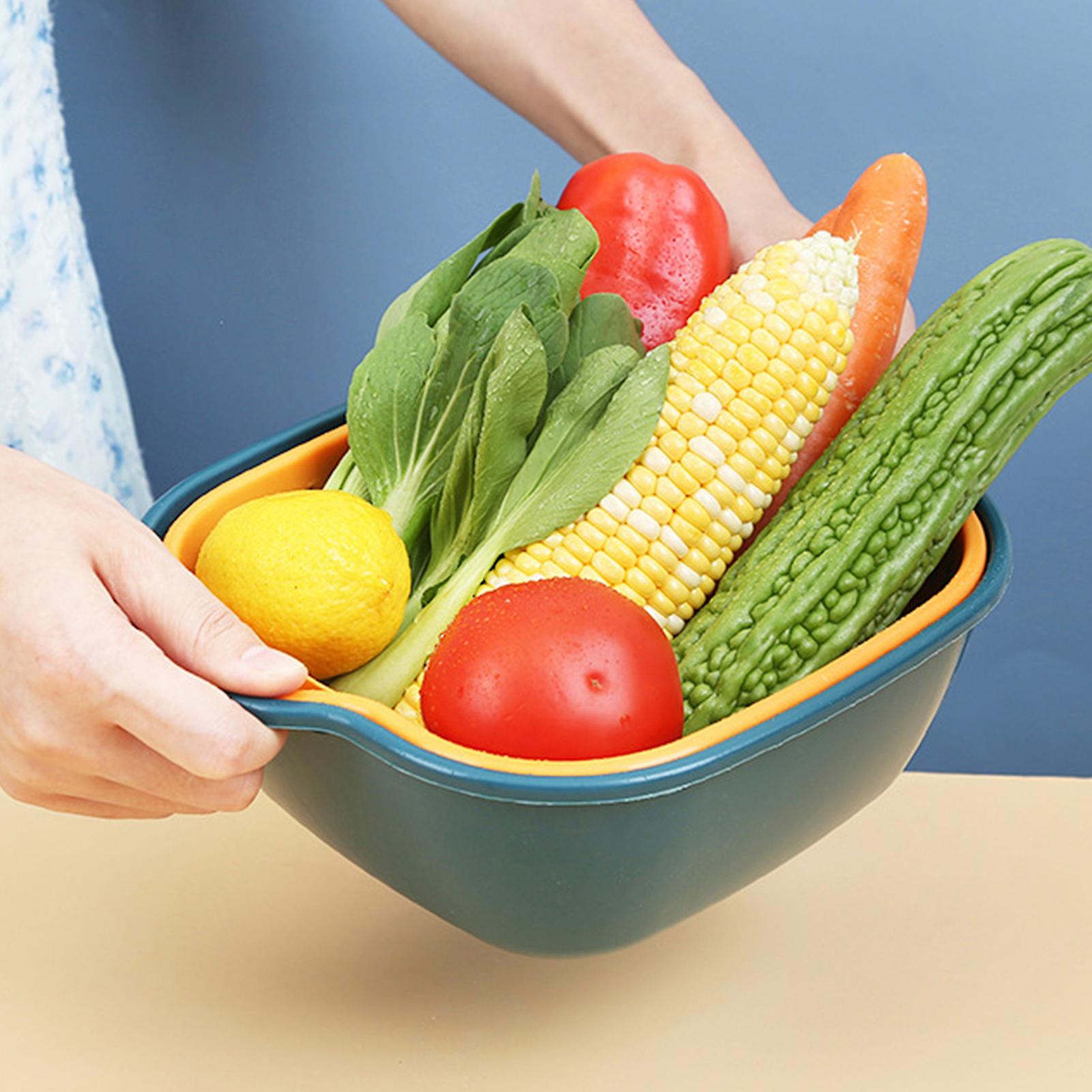 Fruit Vegetable Colander Multi Layer Kitchen Washing Strainer Basket with Hanging Hole for Fruits Vegetables Blue Yellow20x18x8cm / 7.9x7.1x3.1in