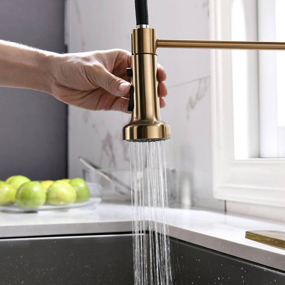 FLG Single-Handle Commercial Kitchen Sink Faucet With Pull Down Sprayer Kitchen Faucets Solid Brass Modern Taps Brushed Gold CC-0021-BG