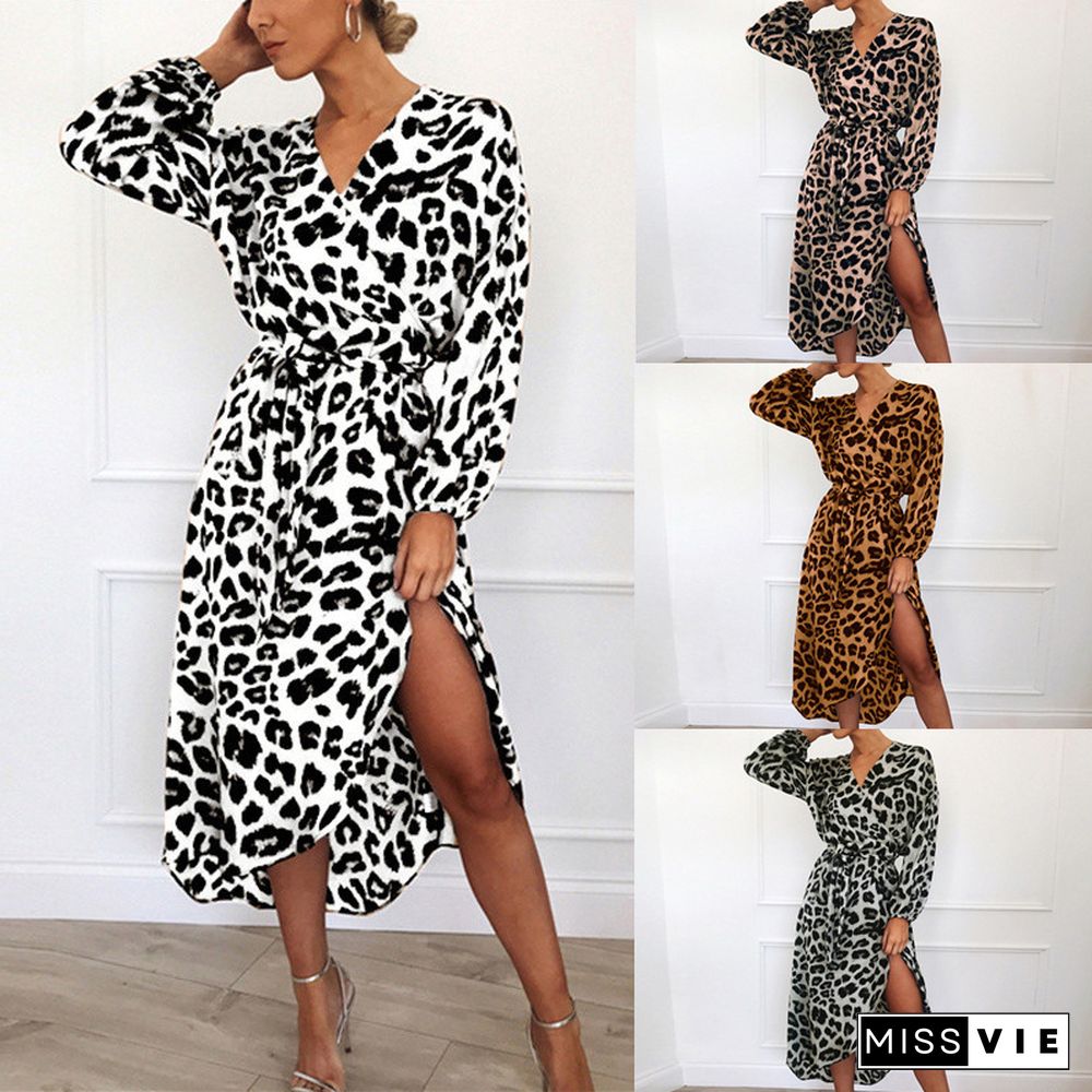 Leopard Dress Women Chiffon Long Beach Dress Loose Long Sleeve Deep V-neck A-line Sexy Party Dress Vestidos De Fiesta