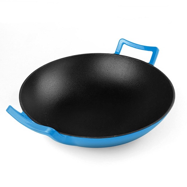 Cast Iron Nonstick Enamel Skillet Wok Pan With Large Loop Handles Blue