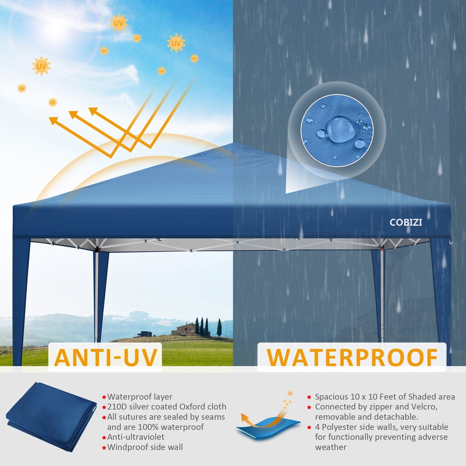 10 x 10ft Pop Up Canopy Tent Instant Outdoor Party Canopy Straight Leg Commercial Gazebo Tent Shelter with 4 Removable Sidewalls and Carrying Bag, Blue