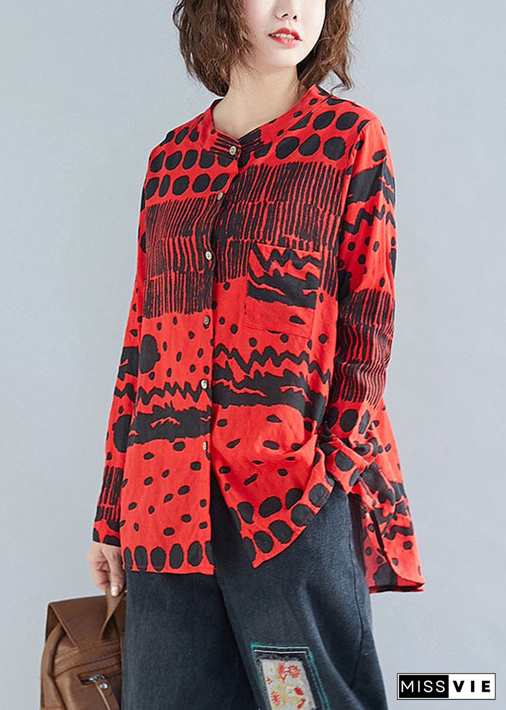 Boho Red O-Neck Button Print Pockets Fall Blouses Long sleeve