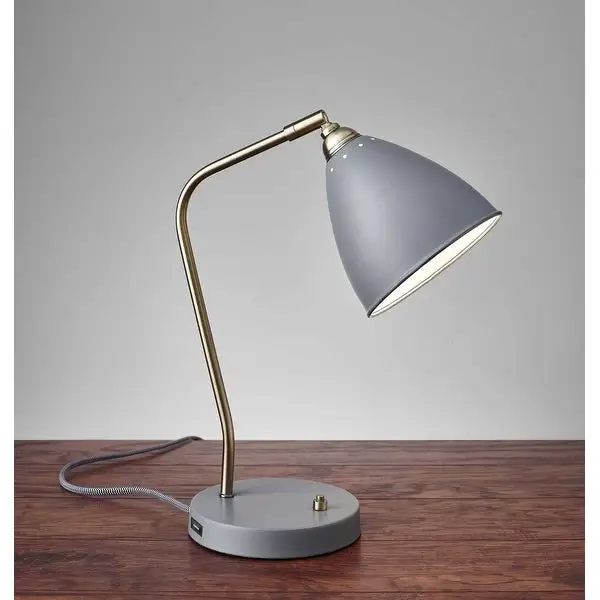 Grey Metal and Antique Brass Adjustable USB Port Desk Lamp - 6.25 x 12.75 x 21