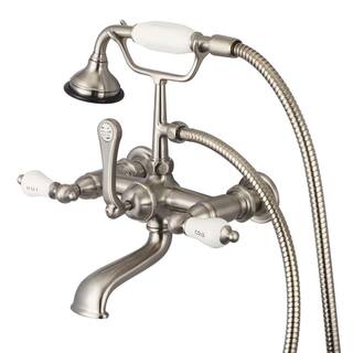 Water Creation 3-Handle Claw Foot Tub Faucet with Labeled Porcelain Lever Handles and Handshower in Brushed Nickel F6-0010-02-CL