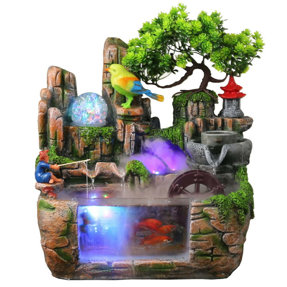 LED Rockery Fountain Waterfall Fengshui Desktop Water Sound Indoor Decor 110V US