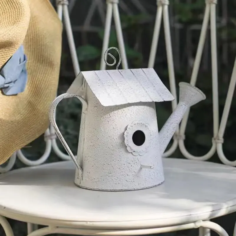 Rustic Metal Floral Pot Tin Birdhouse Water Kettle Shape Flower Shower Container Watering Can Home Garden Decor Flowers Bucket