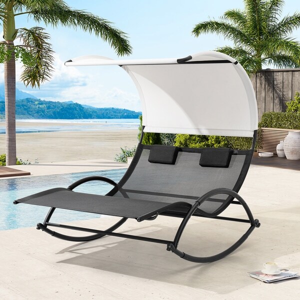 Outdoor Double Chaise Lounge Chair Rocking Lounger with Sunshade Canopy