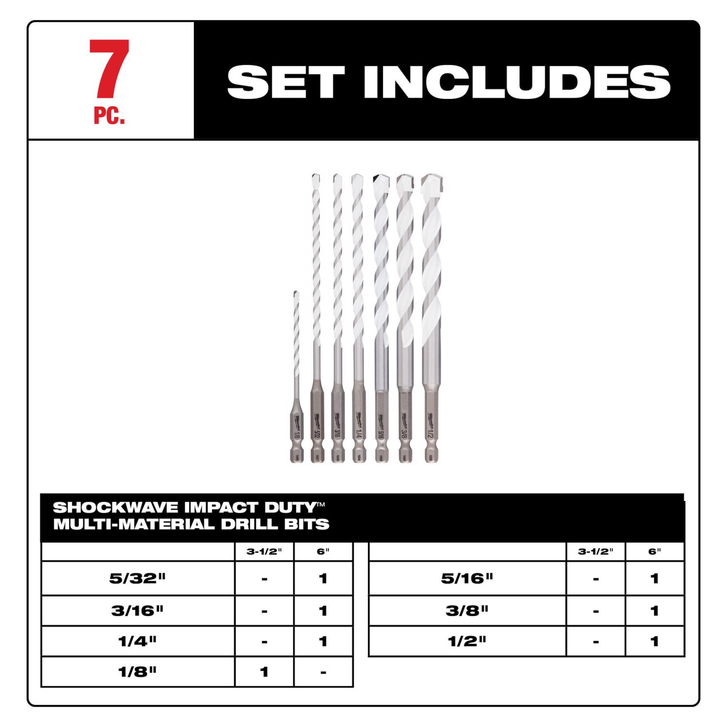 MW Shockwave Multi-Material Percussion Bit Drill Bit Set 7 pc