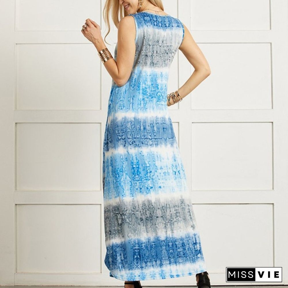 Womens Bohemia Sleeveless Maxi Dress Summer Casual Loose Tie Dye Printing Long Sundress Plus Size