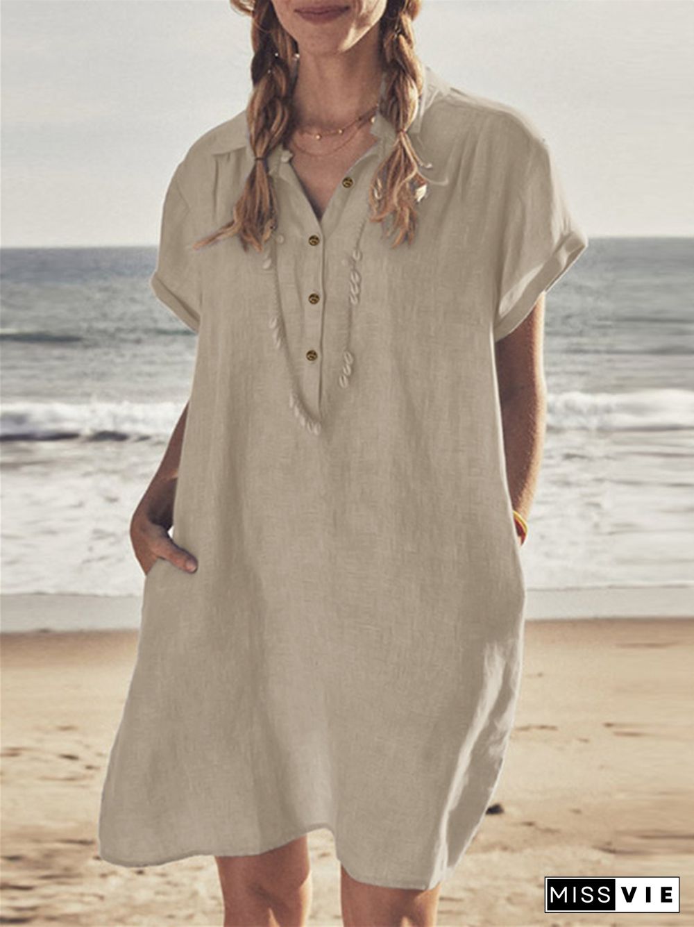 Cotton Linen Shirt Dress Pocket Dress Beach Casual Skirt