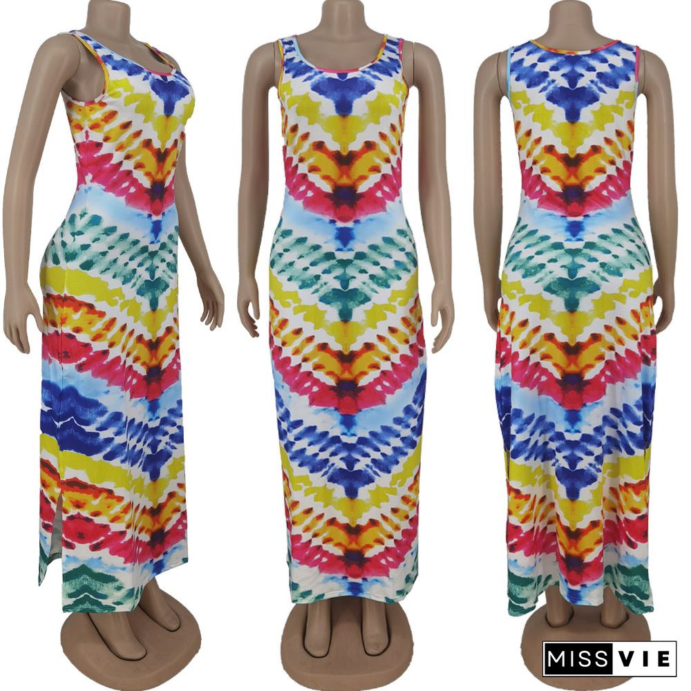 Casual Women Summer Tie-dye Print Sleeveless O Neck Side Slit A Line Beach Party Maxi Dress