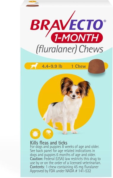 Bravecto 1-Month Chews for Dogs， 4.4-9.9 lbs， (Yellow Box)