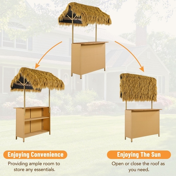 Outdoor Bar Height Patio Set with PE Grass Canopy and Adjustable Feet