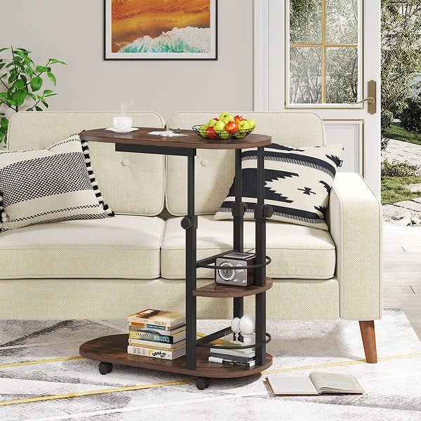 Side Table Height Adjustable C Table with Wheels， Overbed Bedside Table with Storage Shelves for Living Room Bedroom