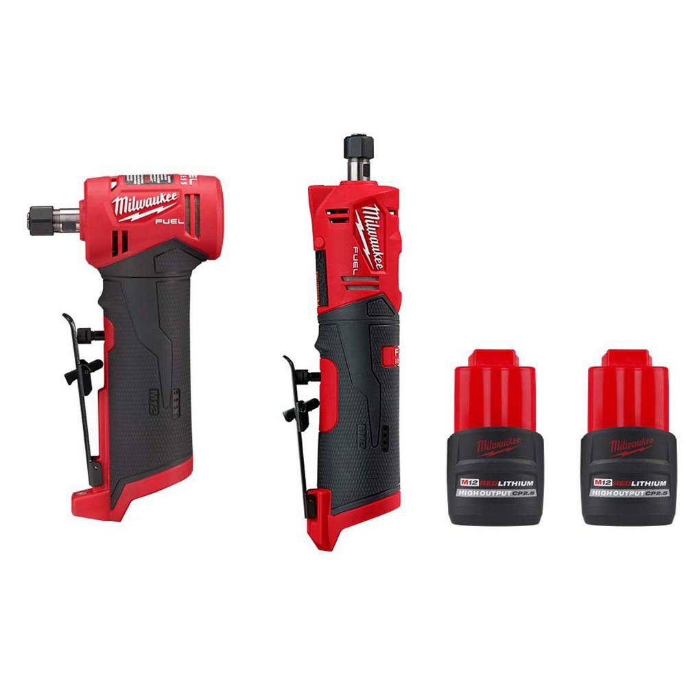 MW M12 FUEL 12V Lithium-Ion Brushless Cordless 14 in. Right  14 in. Straight Die Grinders w(2) M12 CP 2.5 Ah Batteries 2485-20-2486-20-48-11-2425-48-11-2425