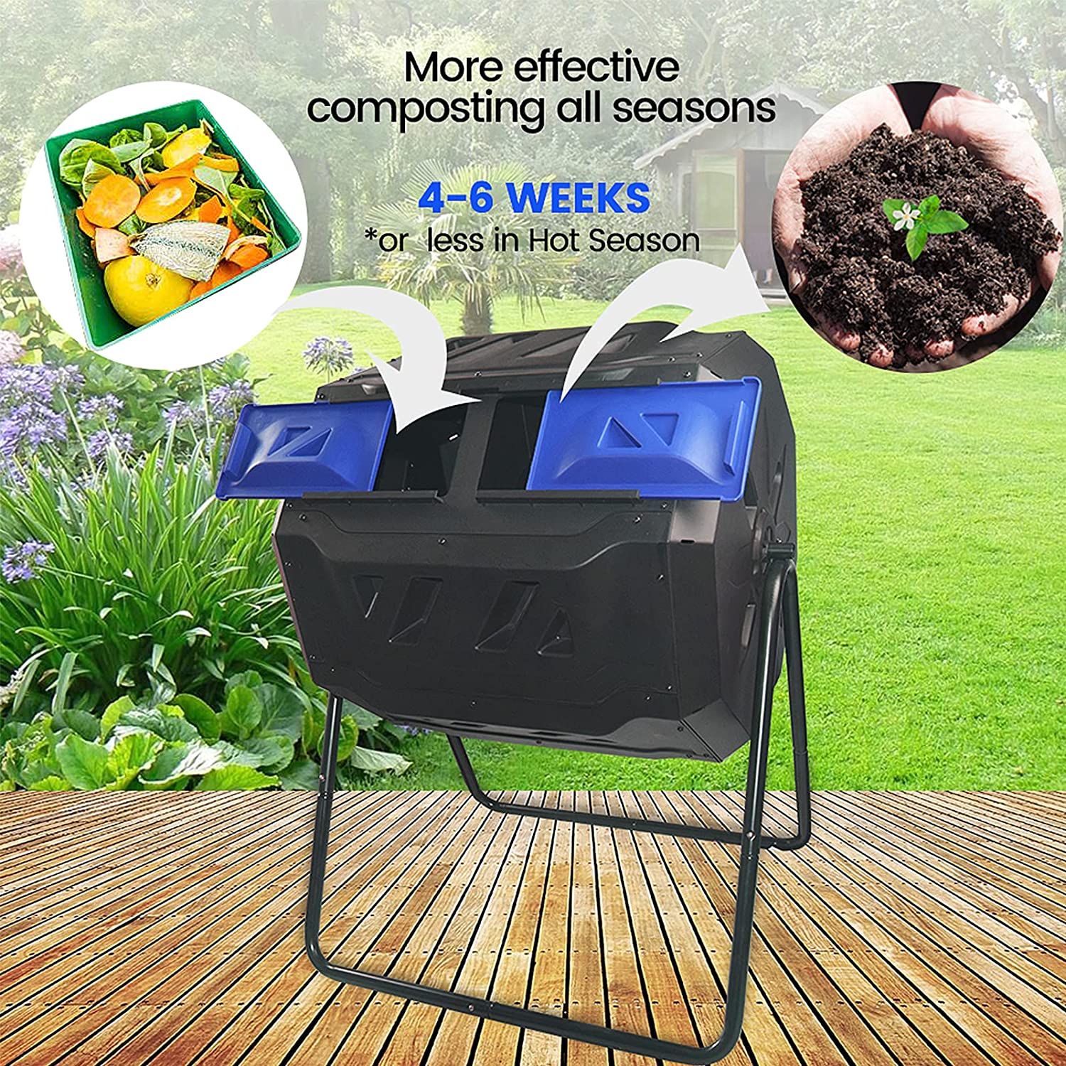 SQUEEZE master Compost Bin 43 Gallon Outdoor Tumbler composters Garden Tumbling or Rotating Compost Blue Door