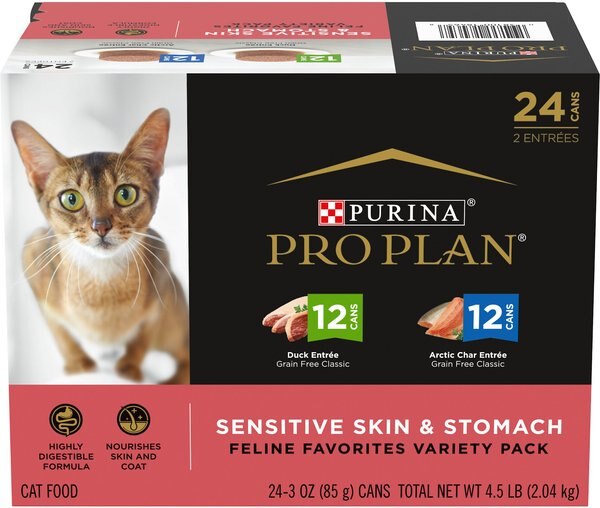 Purina Pro Plan Focus Sensitive Skin and Stomach Duck and Arctic Char Variety Pack Canned Cat Food， 3-oz can， case of 24