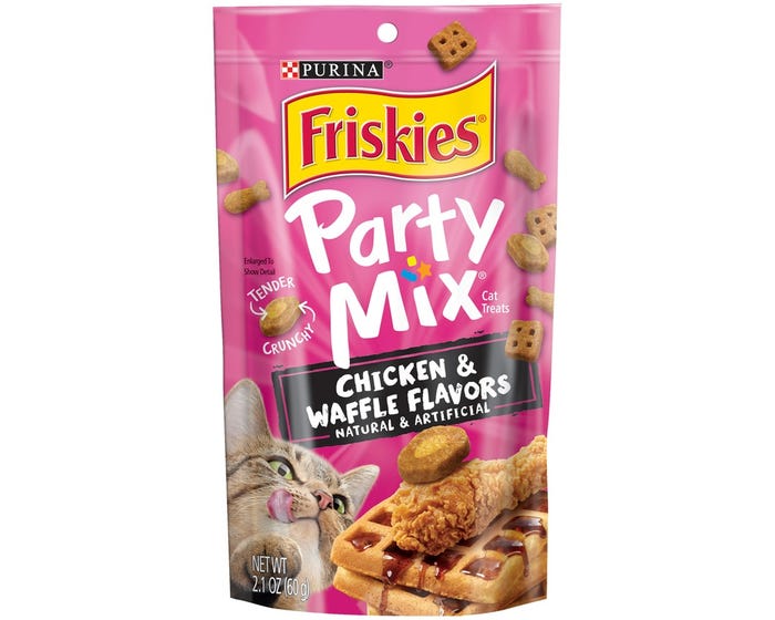 Purina Friskies Party Mix Chicken and Waffle Flavored Cat Treats， 2.1 oz. Pouch