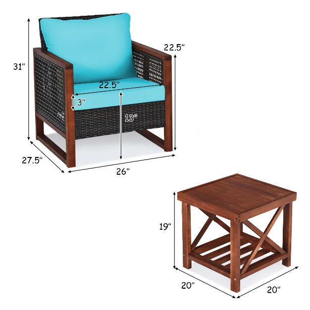 Tangkula 3pcs Patio Rattan Bistro Set Acacia Wood Frame Cushioned Sofa And Side Table