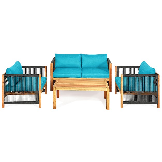 Tangkula Outdoor Patio Wood Conversation Furniture Set Padded Chair With Coffee Table Red turquoise