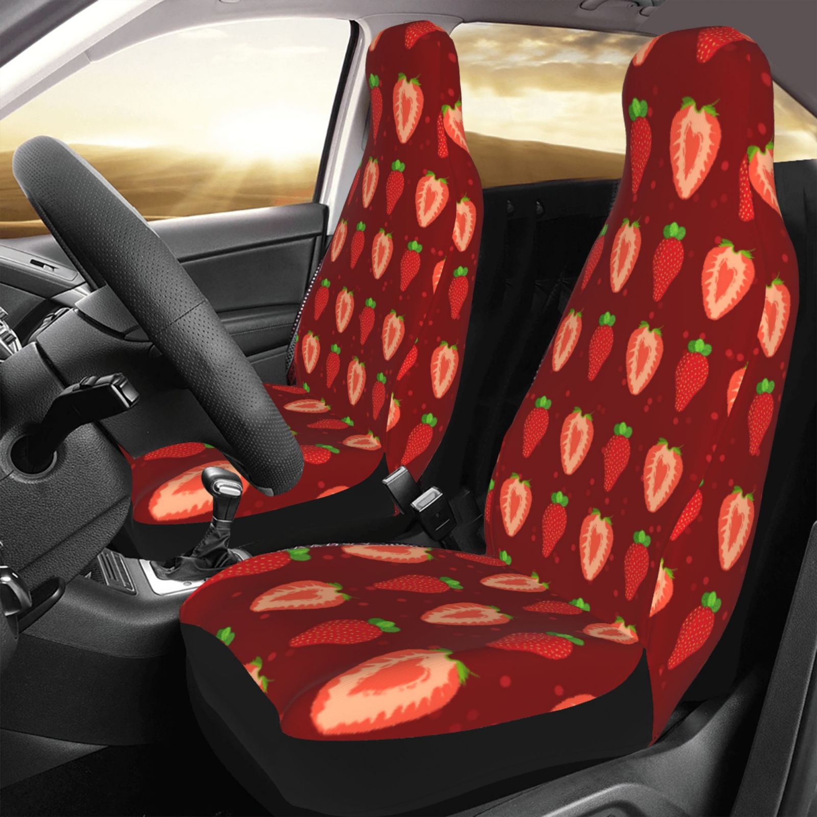 TEQUAN Front Seat Covers， Red Strawberry Fruit Pattern 2 Piece Car Seat Cover Fit Most Car SUV Truck Van