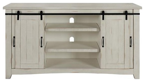 Bowery Hill Modern 65 quotSolid Wood TV Stand Antique White Finish   Farmhouse   Entertainment Centers And Tv Stands   by Homesquare  Houzz