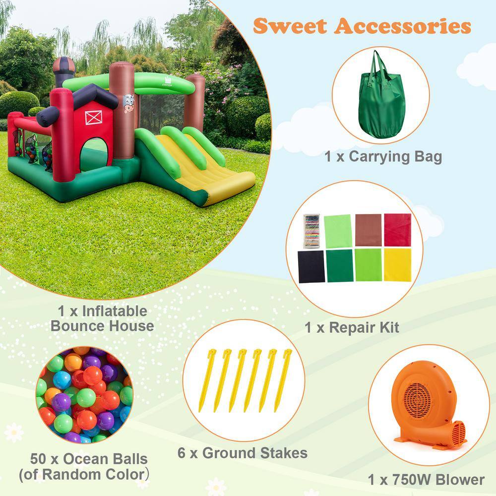 HONEY JOY 6-in-1 Inflatable Bounce House Castle with 750-Watt Blower wDouble Slides Jump Area Ocean Balls Basketball Rim TOPB006675