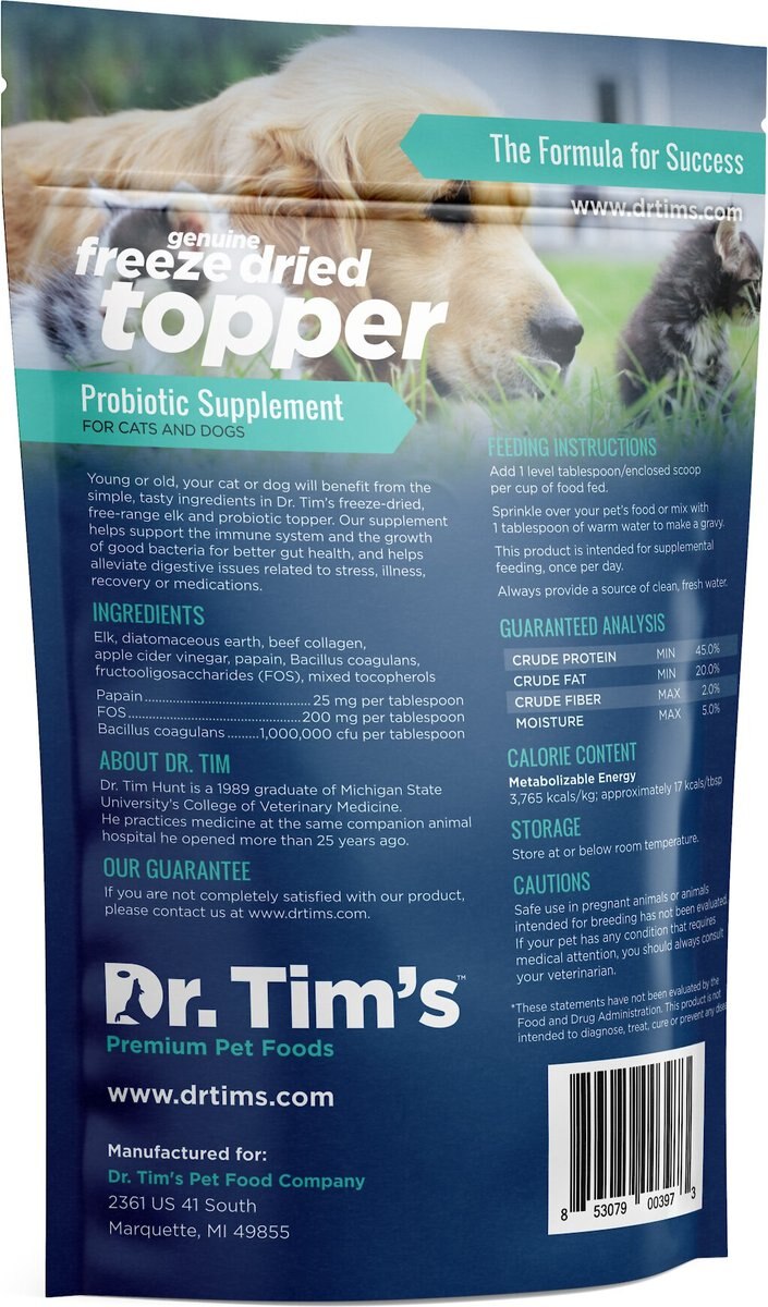 Dr. Tim's Elk Probiotic Freeze-Dried Topper Dog and Cat Supplement， 12-oz bag