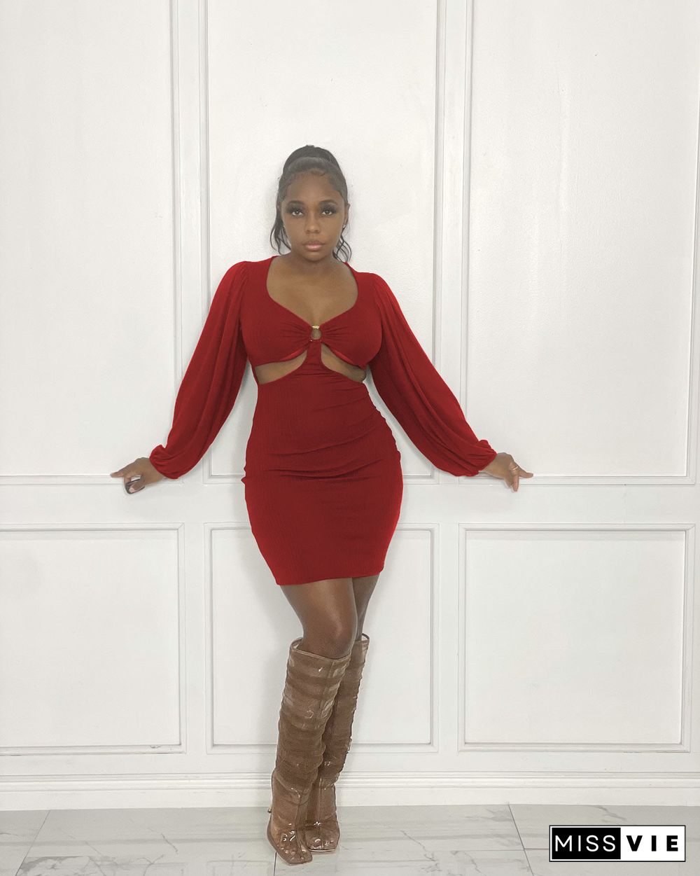 Solid Long Sleeve Cut Out High Waist Mini Dress