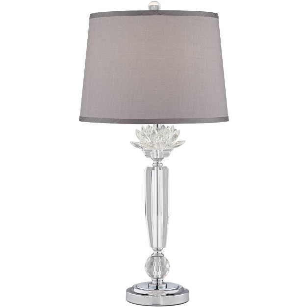 Tall Traditional Glam Luxury End Table Lamp Clear Crystal Single Gray Shade Living Room Bedroom Bedside Nightstand