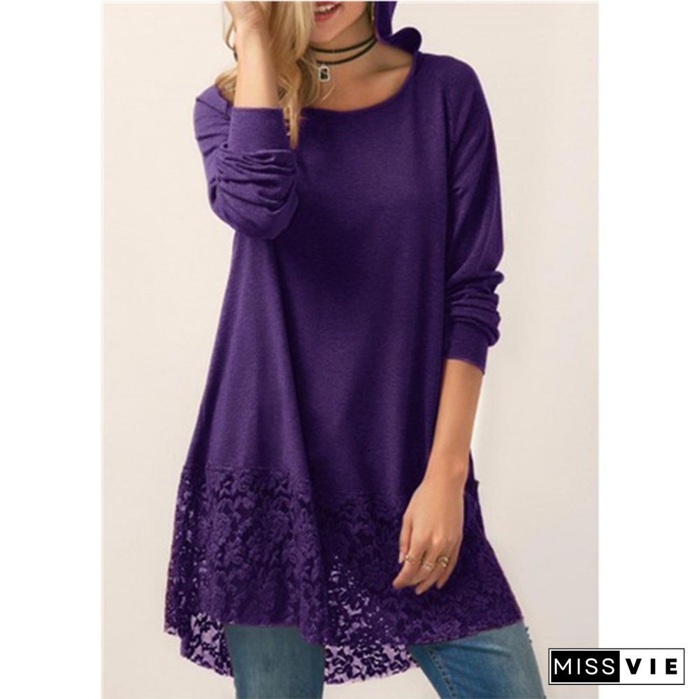 Women Fashion Solid Color Hoodies Long Sleeved T-Shirt Autumn Lace Hooded Sweater Plus Size