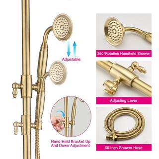 PROOX 2-Spray Round Antique Wall Bar Shower Kit with Hand Shower in Brushed Gold PRH1107-BG