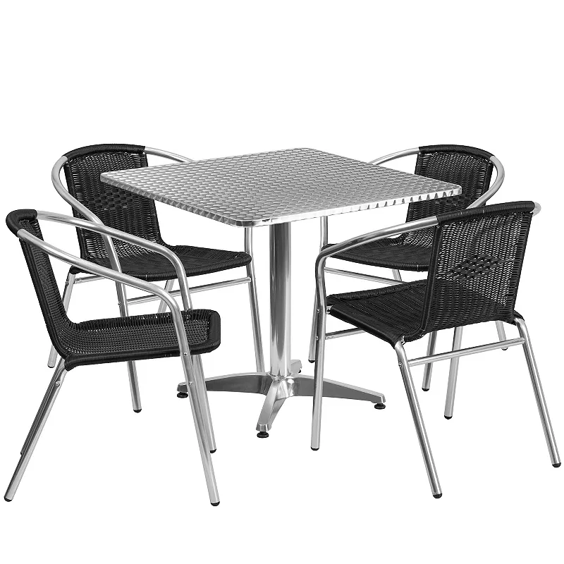 Emma and Oliver 31.5 Square Aluminum Table Set-4 Black Rattan Chairs