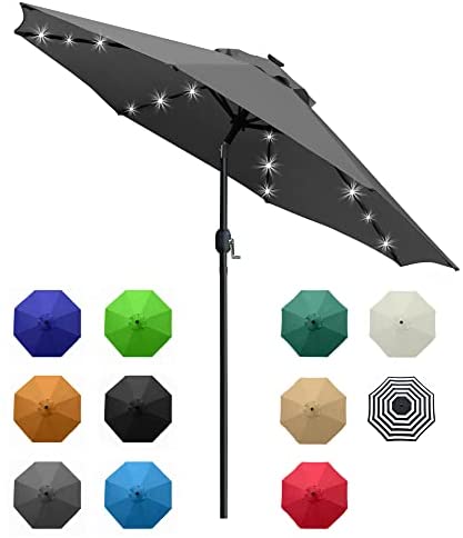 Sunnyglade 9′ Solar LED Lighted Patio Umbrella with 8 Ribs/Tilt Adjustment and Crank Lift System (Black)