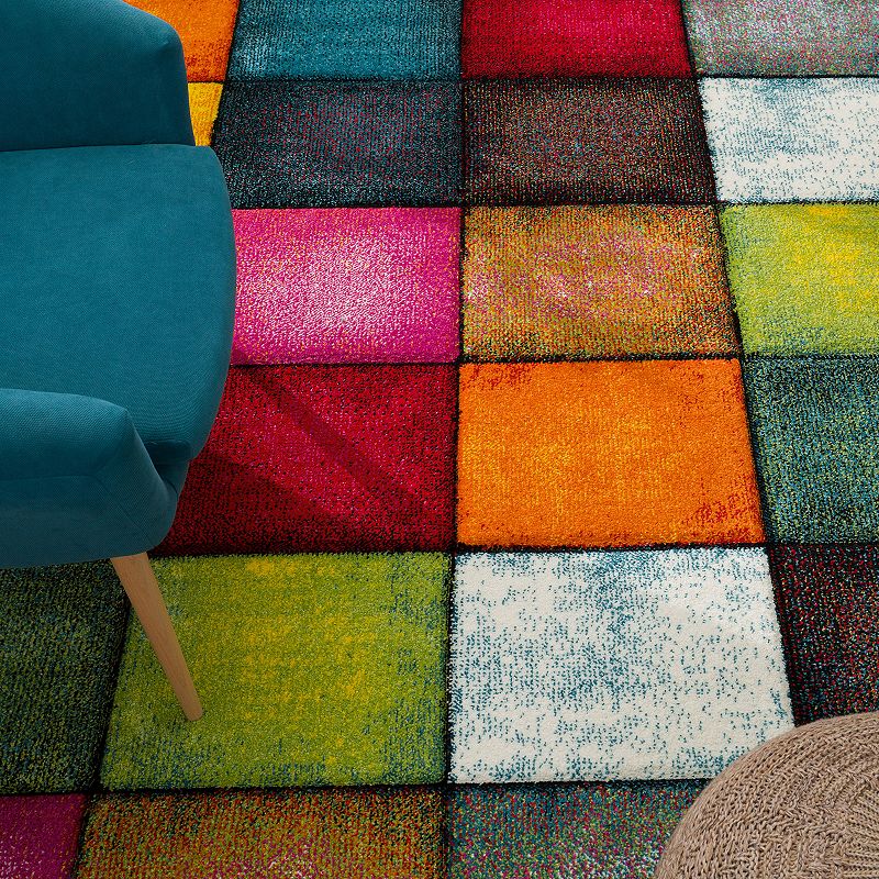 Colorful Area Rug Checkered With Multicolor Squares