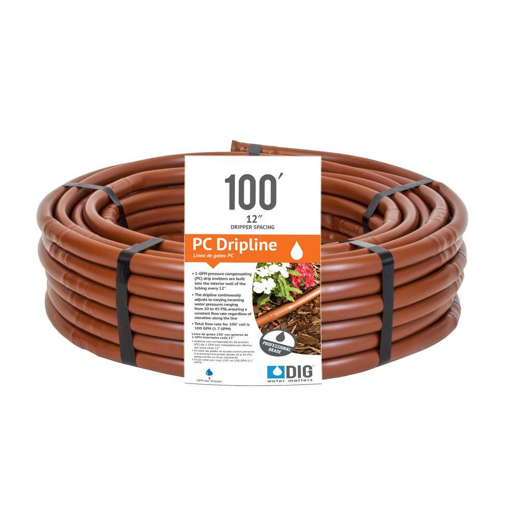 DIG 0.50 in. x 100 ft. Earthline Brown PC 1-GPH Pressure Compensating Drip or Emitter Line Tubing with 12 in. Spacing (.700) B12100