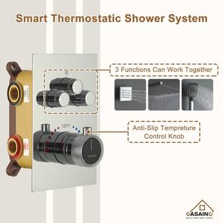 CASAINC 6-Spray Thermostatic Dual Shower Heads 12 in. Wall Mount Fixed and Handheld Shower Head 2.5 GPM with 6-Jets in Chrome CS6219-12CH