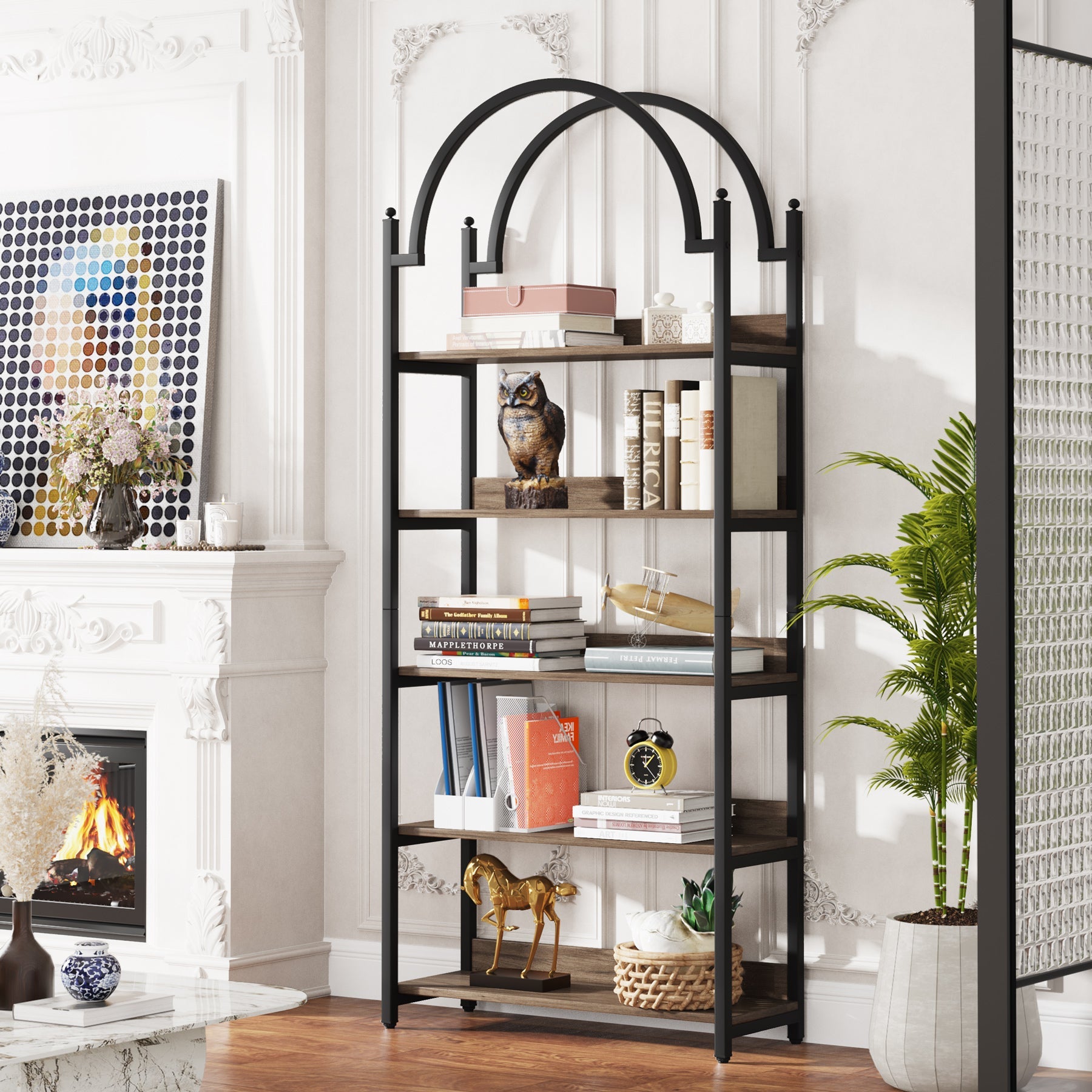 5-Shelf Bookshelf, 72.44 Arched Etagere Open Bookcase