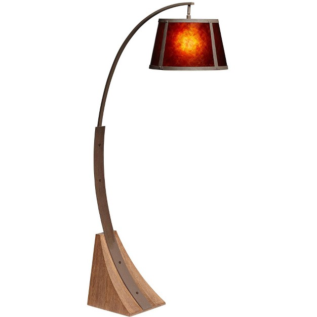 Tall Dark Rust Wood Amber Mica Drum Shade For Living Room Reading Bedroom Office