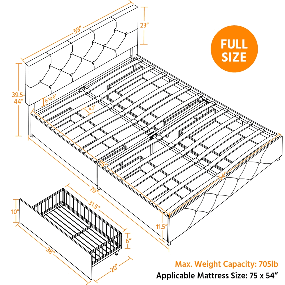 Topeakmart Full Size Upholstered Platform Bed Mattress Foundation with 4 Drawers Storage, Black