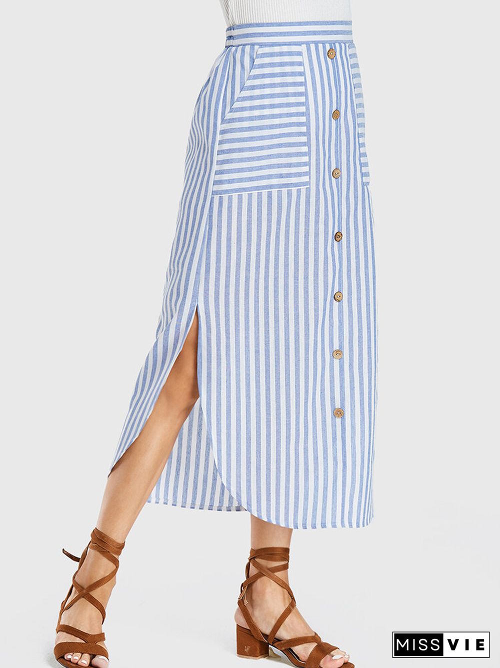 Striped Print Slit Button Pocket Long Casual Skirt for Women