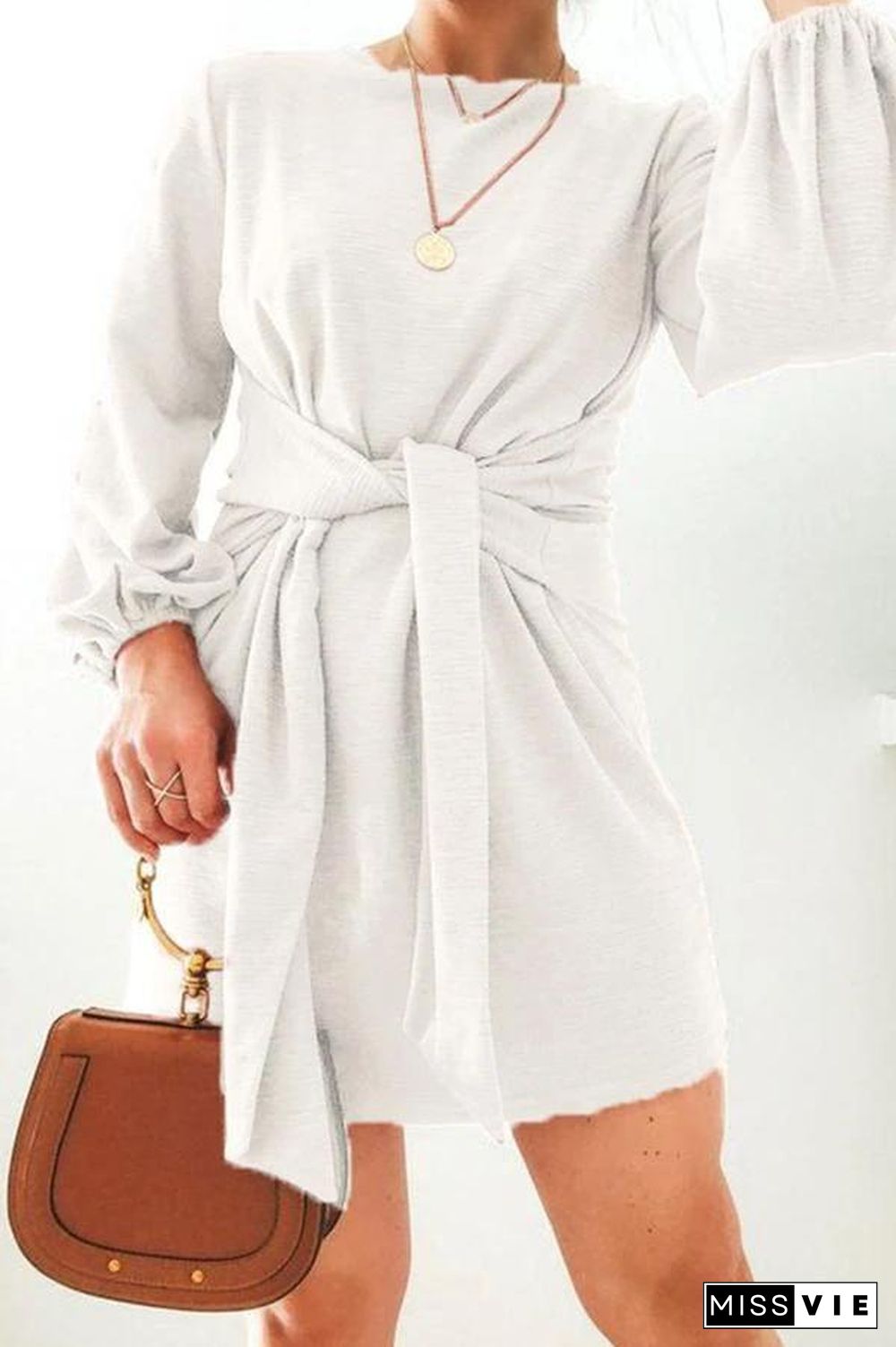 Long Sleeve Solid Lace-Up Dress