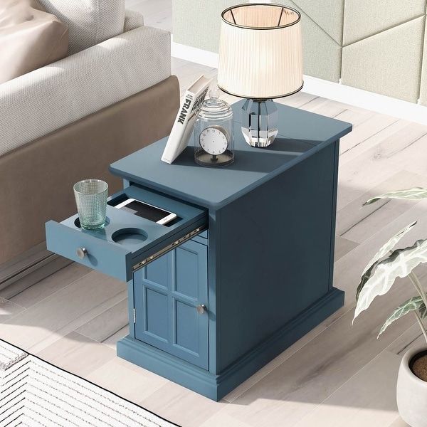 End Table with USB Ports and Multifunctional Drawer with Cup Holders