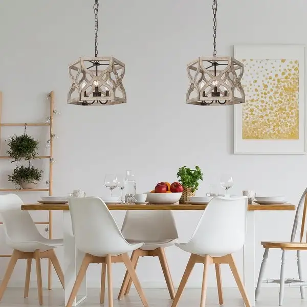 Woodly Farmhouse 3-Light Wood Chandelier Lantern Island Lights for Dining Room - 16.5