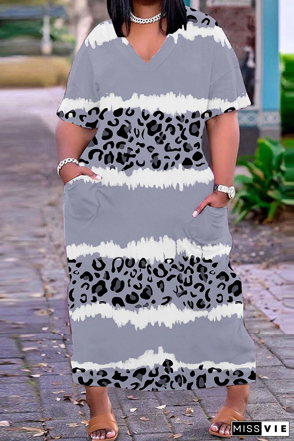 Grey Casual Print Basic V Neck Short Sleeve Dress Dresses