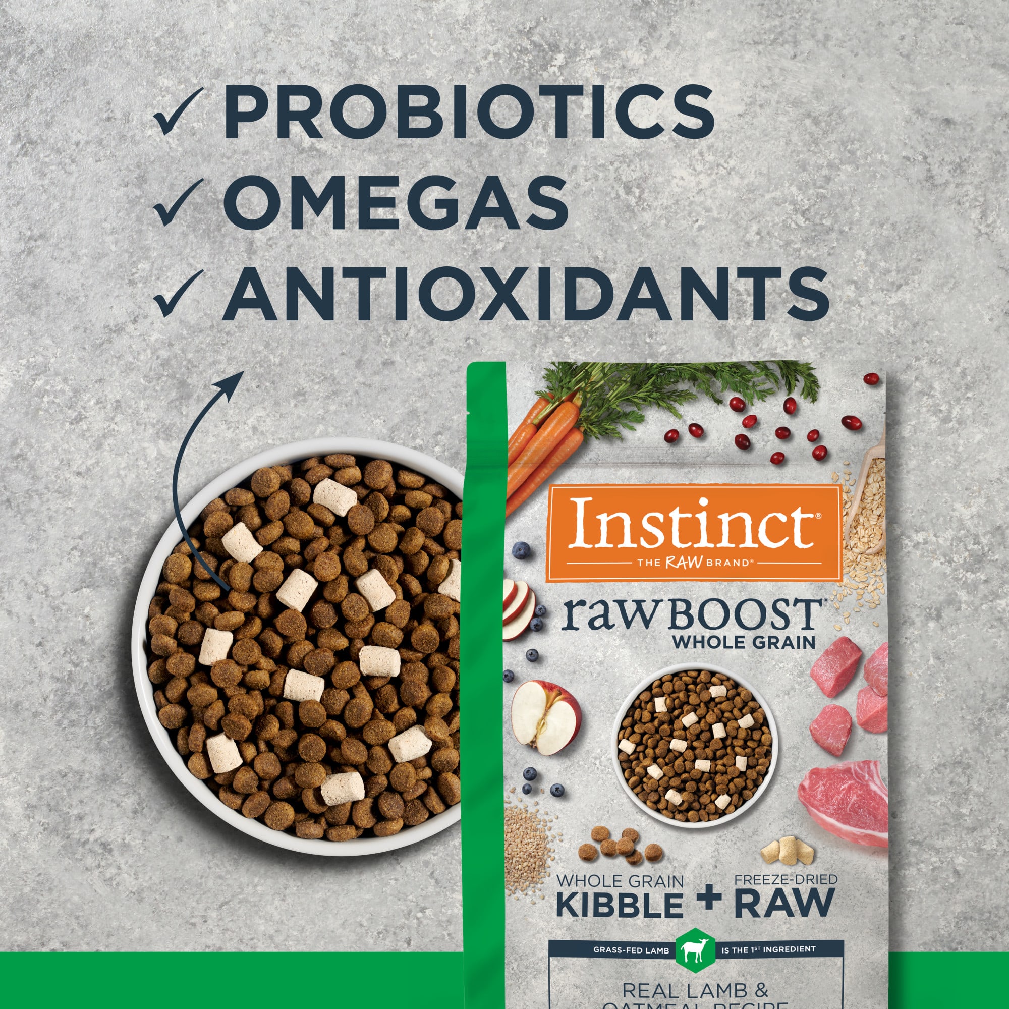 Instinct Raw Boost Whole Grain Real Lamb  Oatmeal Recipe Natural Dry Dog Food， 20 lbs.