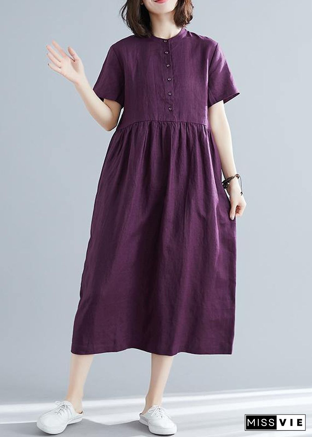 Women purple linen cotton clothes For Women plus size Fashion Ideas o neck large hem Maxi Summer Dresses