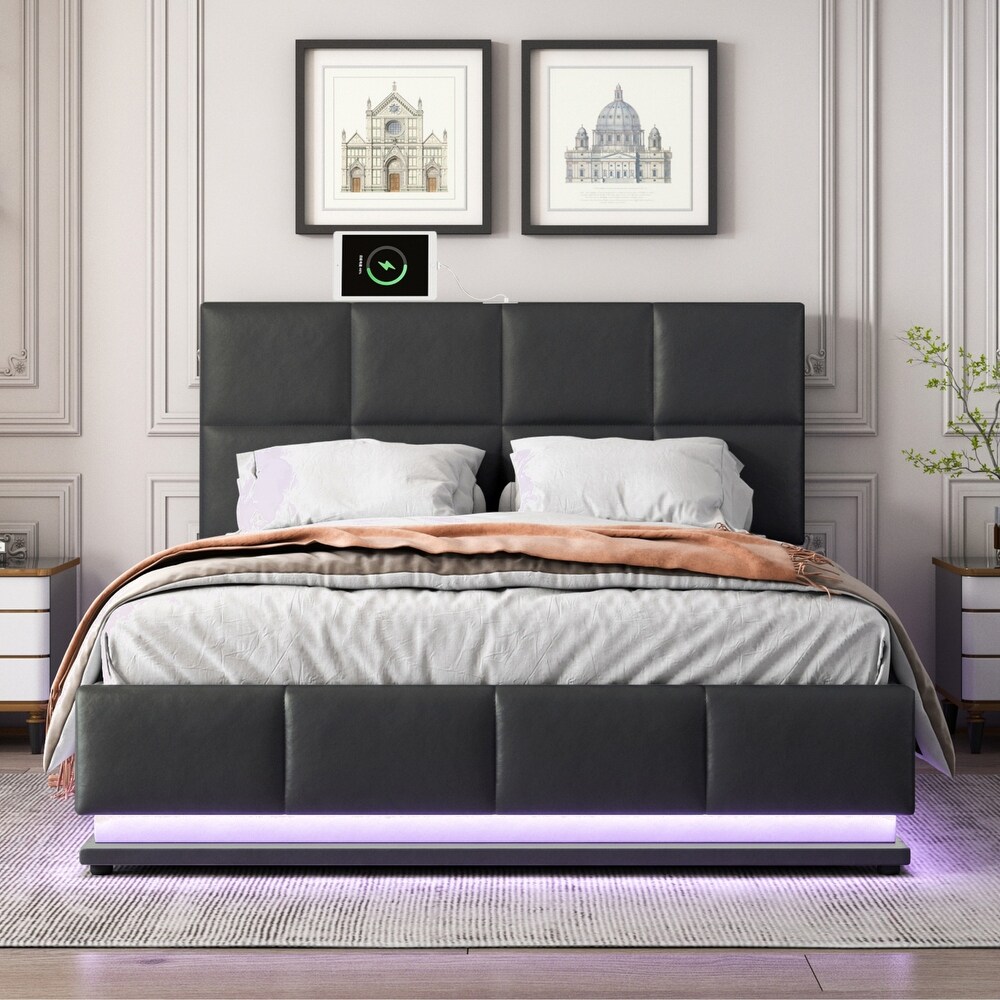 Modern PU Storage Bed with LED Lights and USB Charger